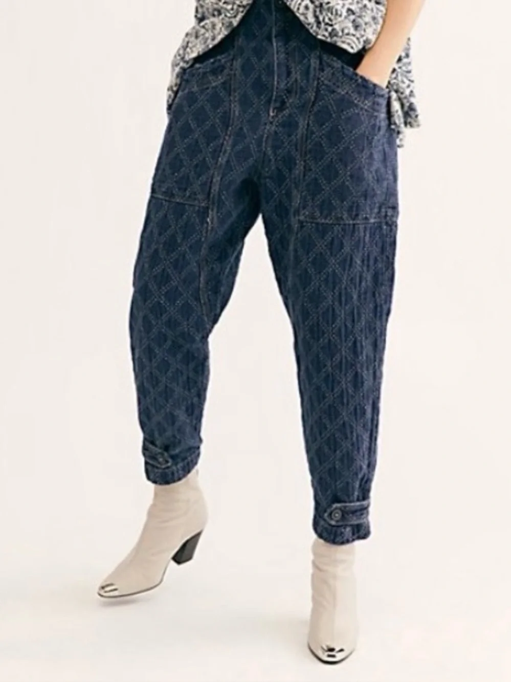Free People We The Free Denim Quilted Diamond Print Utility Barrel Pants -Size S